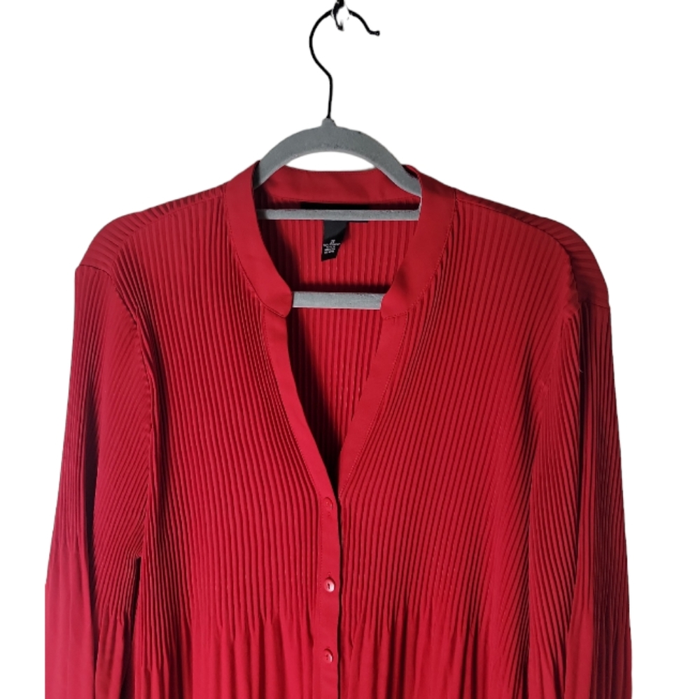 Alfani red pleated button front blouse v neck long sleeve women's plus size 16 - Picture 3 of 7